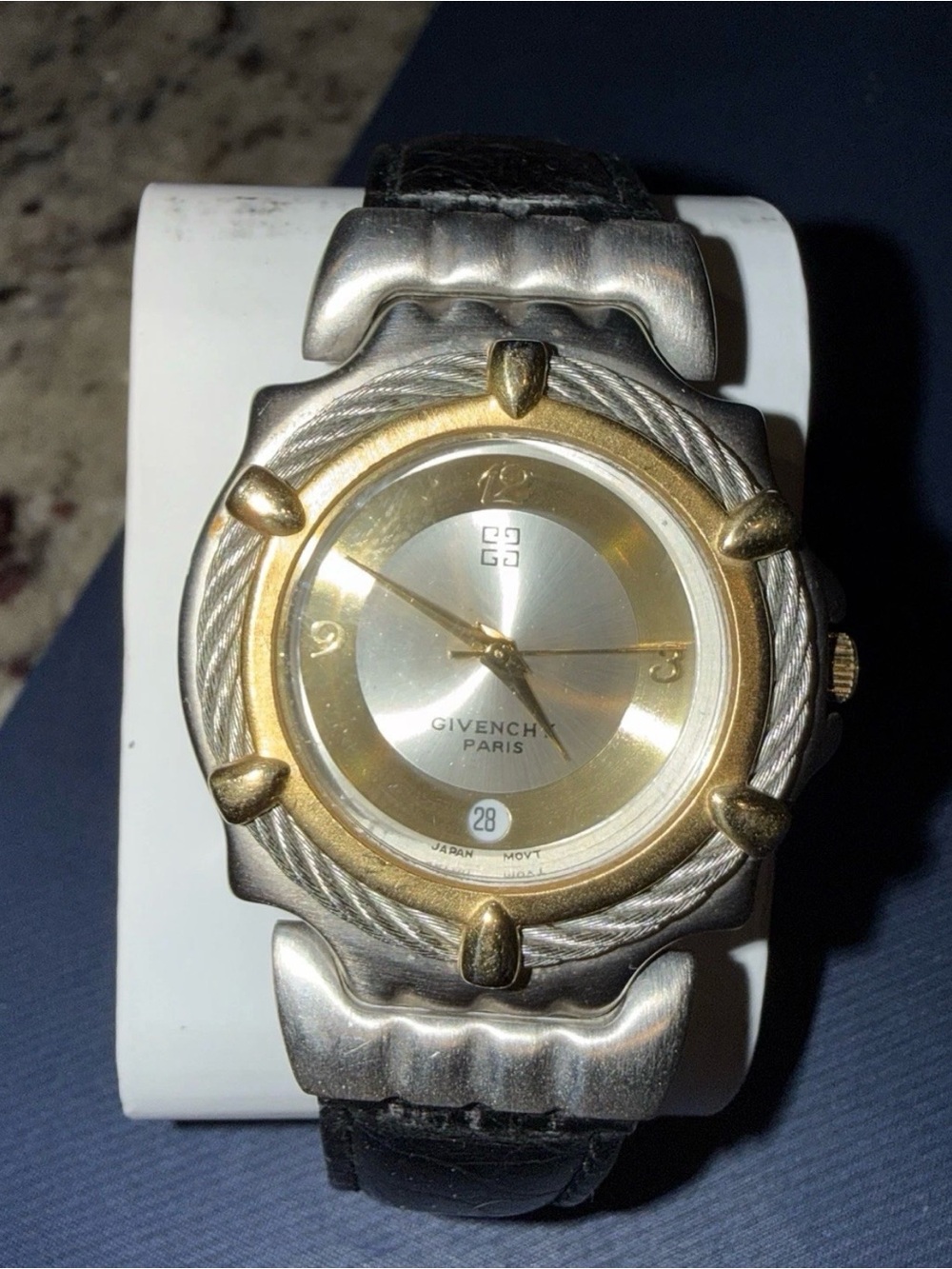 Vintage Givenchy Paris Two-Tone Gold and Silver Dial Watch with Black Leather - Picture 4 of 9